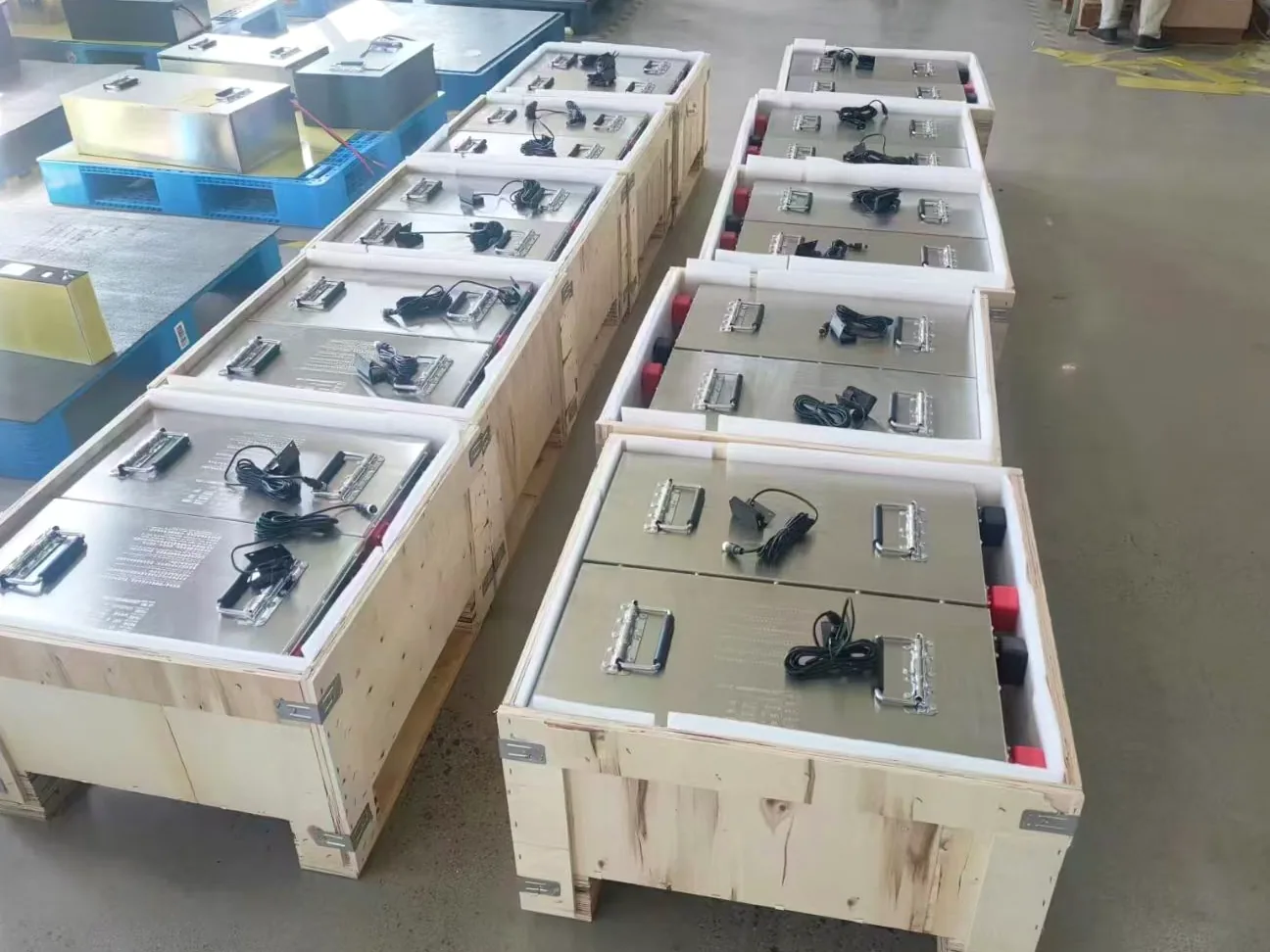 Large lithium battery packs prepared in wooden cases for project packing