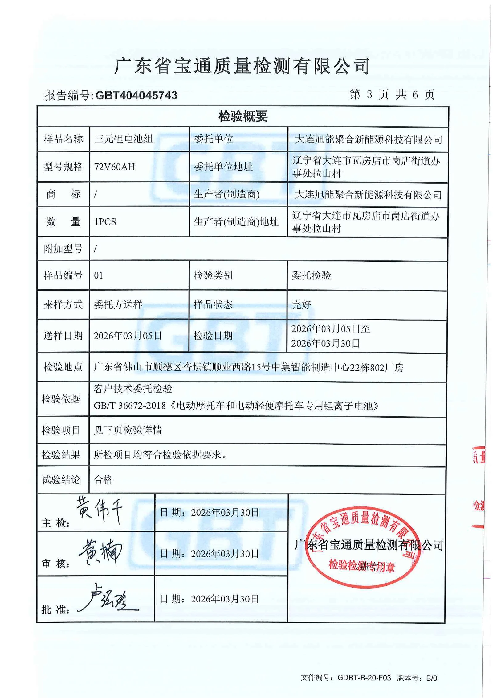 GB/T 36672 test report summary with qualified result
