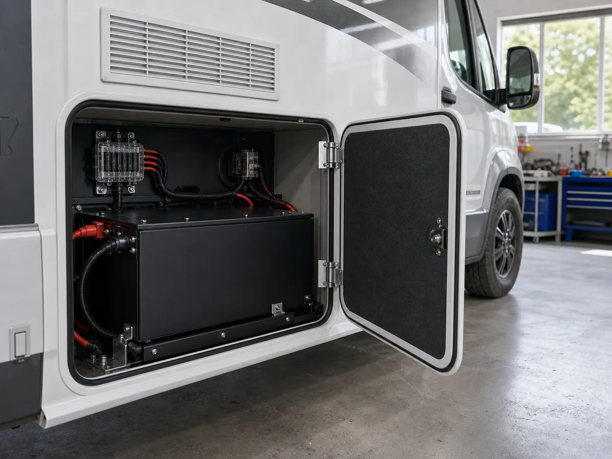 RV lithium battery installed in a camper battery compartment
